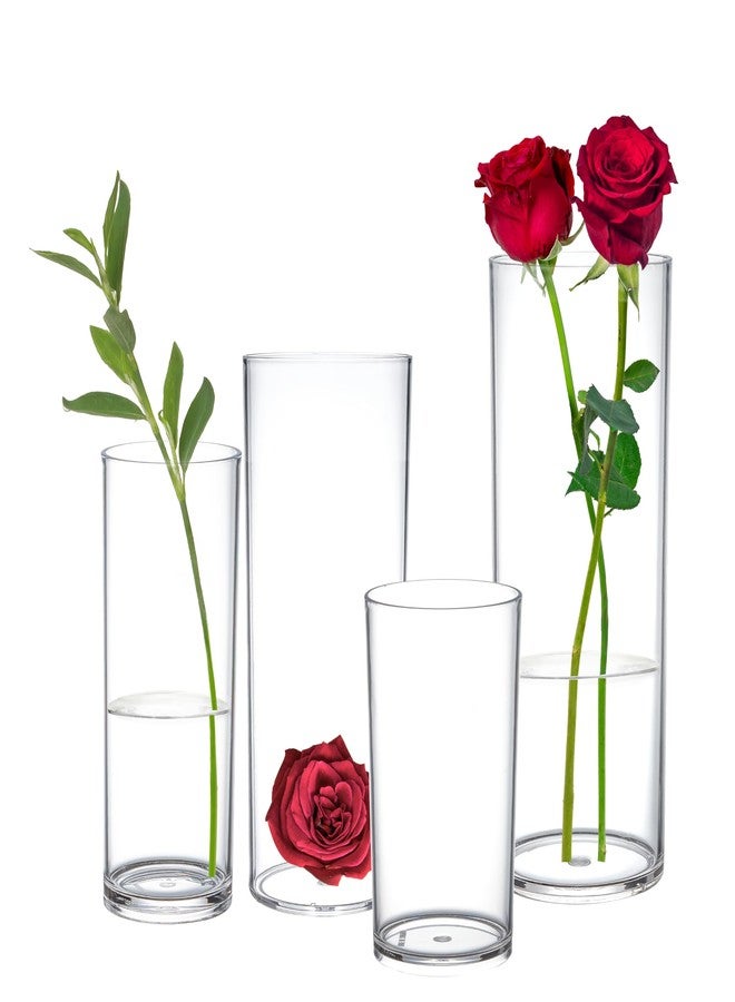 KLIFA- Carlsbad- Set of 4 Pieces, 6, 7, 9 & 10 Inch Tall, Plastic Cylinder Vases for Centerpieces, Acrylic Flower Vase for Wedding Centerpieces, Home Decorations, Clear - Image 1